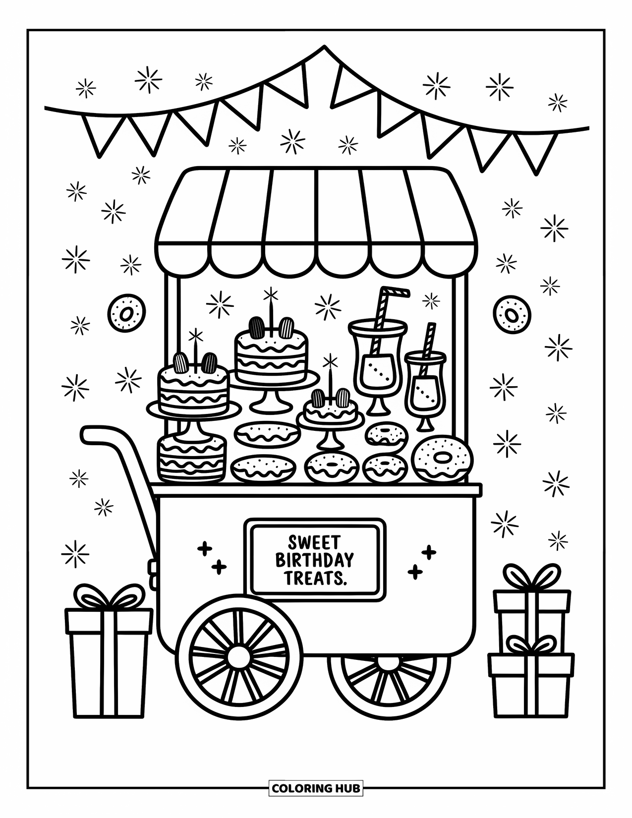 Happy Birthday Card Coloring Page for Adults: Birthday pushcart with donuts, cakes, jars, and playful sign