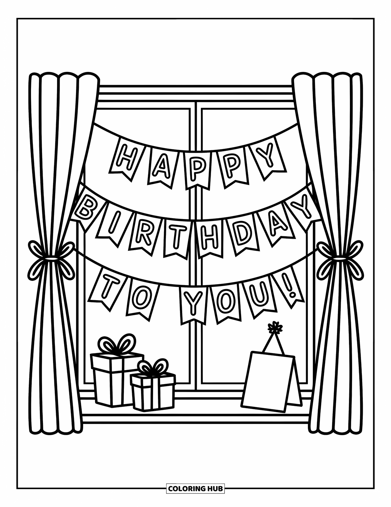 Happy Birthday Card Coloring Page for Adults: Birthday window with banner, gifts, and cheerful doodle details