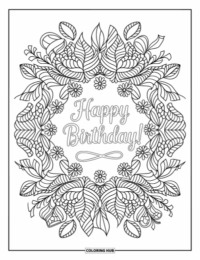 Fargeleggingsark med gratulasjonskort for voksne: Botanisk mandala med "Happy birthday"-melding inni
