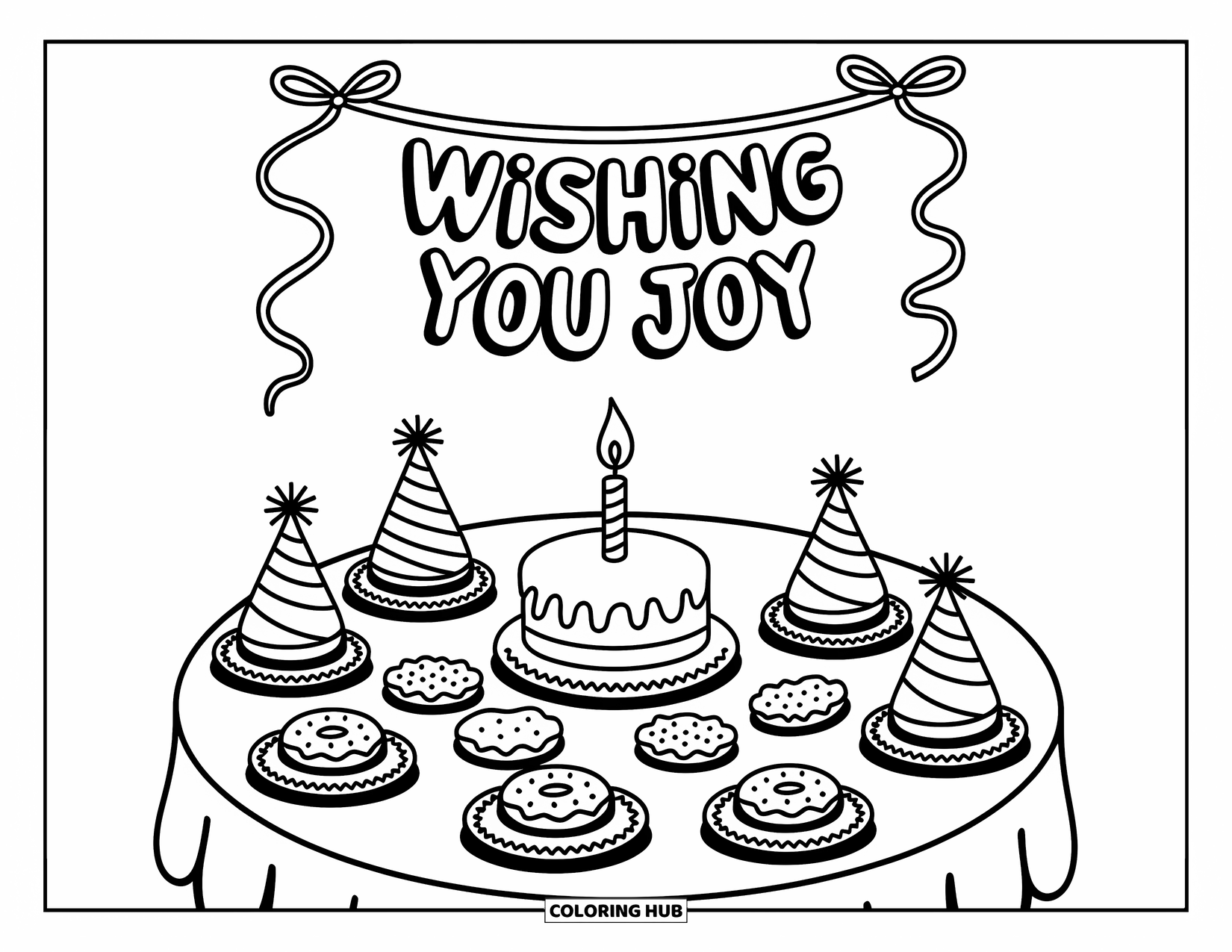 Happy Birthday Card Coloring Page for Adults: Dessert table with cake, donuts, and "Wishing You Joy" banner