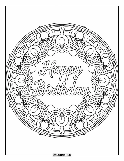 Fargeleggingsark med gratulasjonskort for voksne: Detaljert botanisk mandala med "Happy birthday"-melding