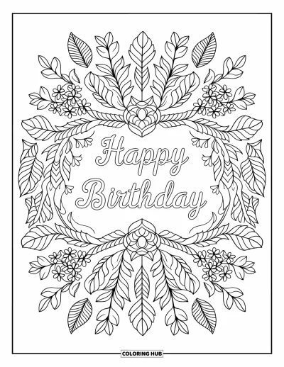 Fargeleggingsark med gratulasjonskort for voksne: Blomstermandala med "Happy birthday" i midten