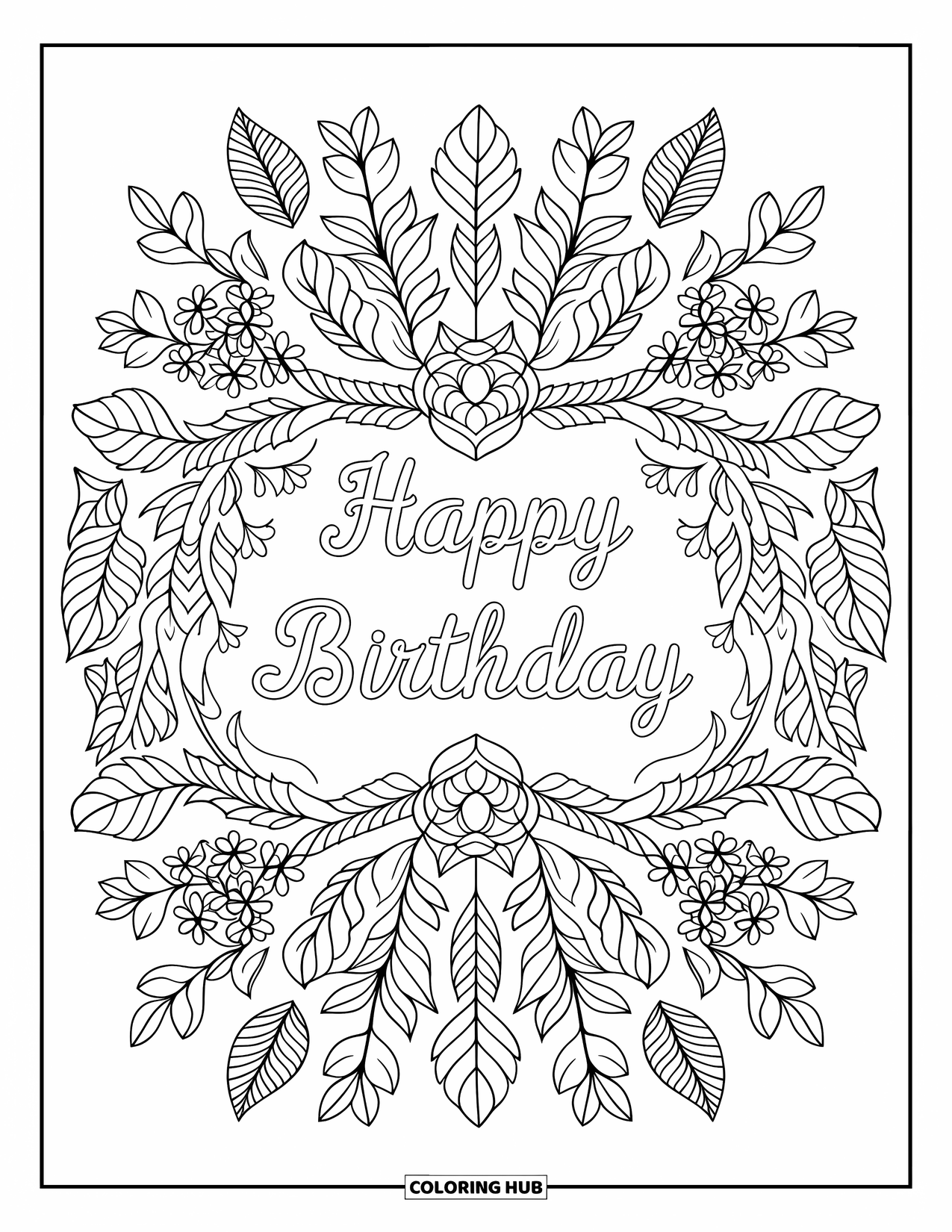 Happy Birthday Card Coloring Page for Adults: Floral mandala with "Happy birthday" in center