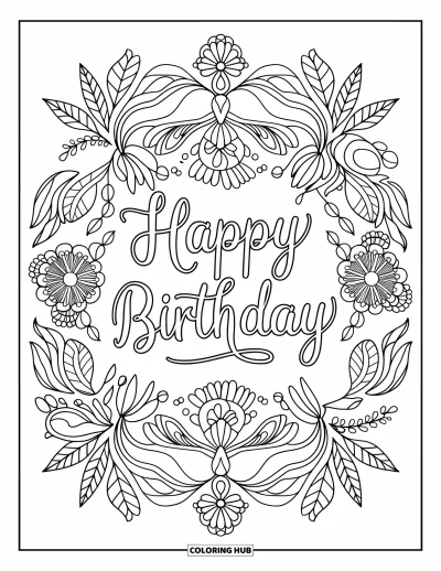 Fargeleggingsark med gratulasjonskort for voksne: Intrikat mandala med blomster og ranker og "Happy birthday"