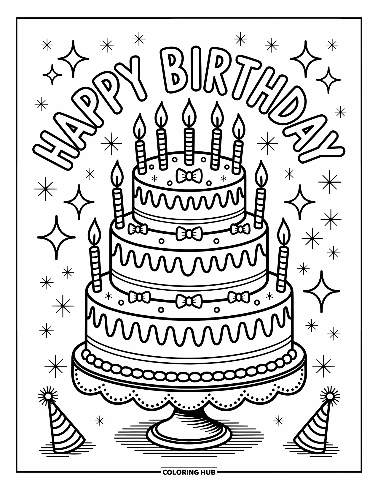 Happy Birthday Card Coloring Page for Adults: Layered cake with frosting designs, candles, and birthday message