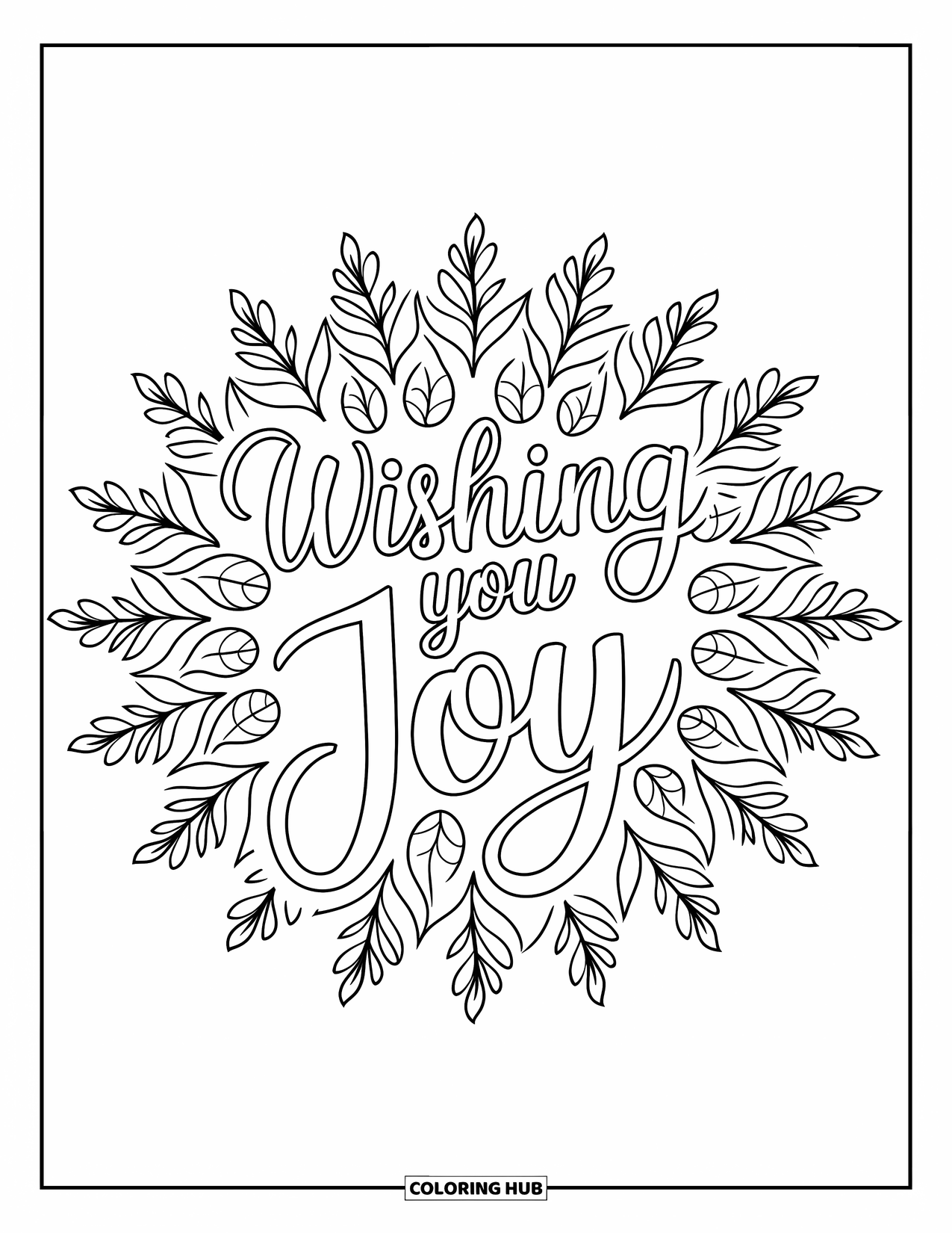 Happy Birthday Card Coloring Page for Adults: Leaf mandala encircling "Wishing you joy" text