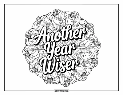 Fargeleggingsark med gratulasjonskort for voksne: Mandala-rosebuketten med teksten "Another year wiser"