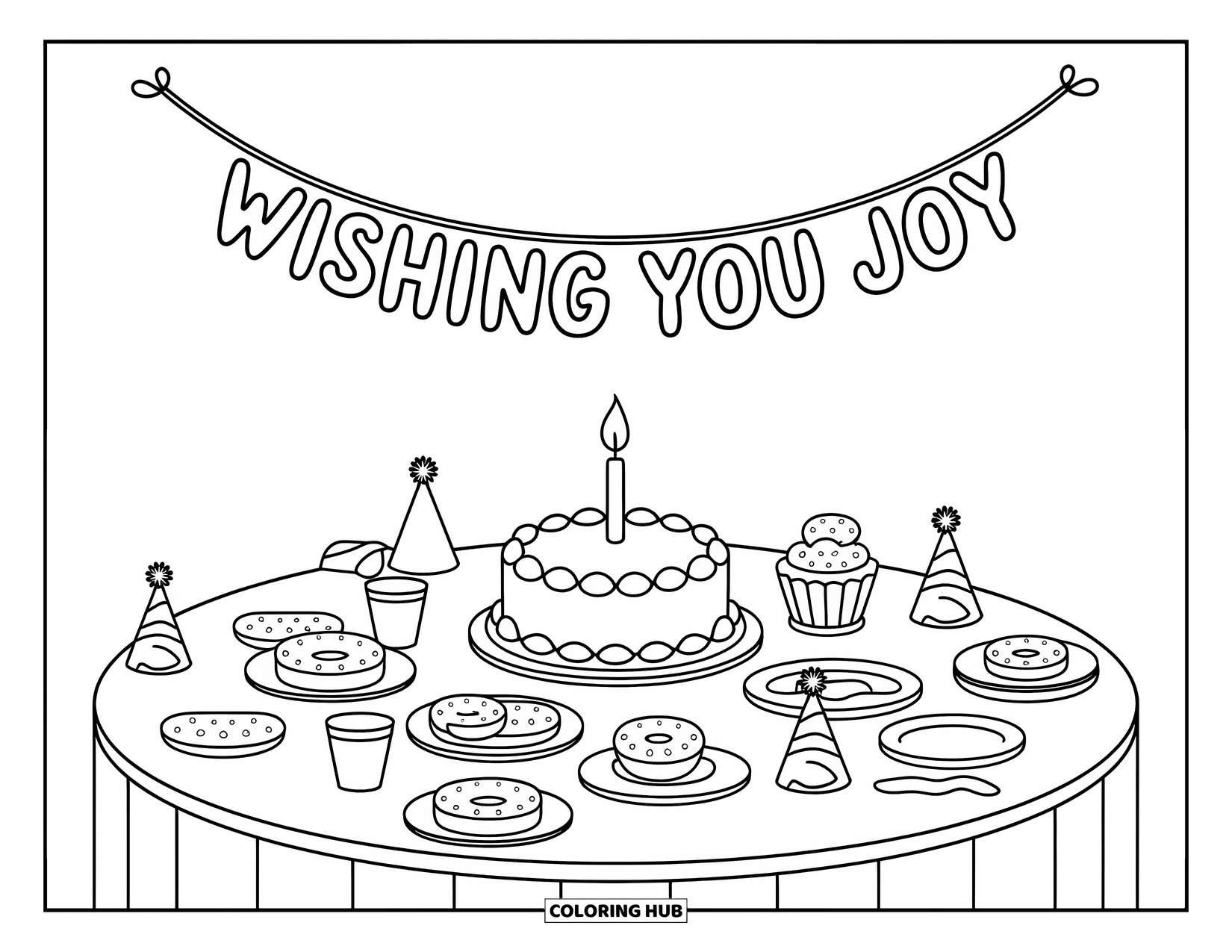Happy Birthday Card Coloring Page for Adults: Mini desserts and candlelit cake beneath a "Wishing You Joy" sign