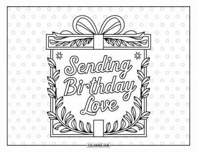 Fargeleggingsark med gratulasjonskort for voksne: Gave med bånd og "Sending birthday love" under