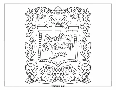 Fargeleggingsark med gratulasjonskort for voksne: Gave innpakket i ranker med "Sending birthday love" under