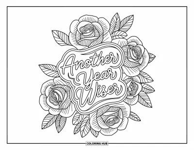 Fargeleggingsark med gratulasjonskort for voksne: Rosebukettmandala med meldingen "Another year wiser"