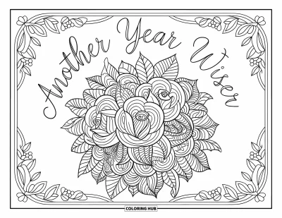 Fargeleggingsark med gratulasjonskort for voksne: Rosemandala med scrollkant og "Another year wiser"
