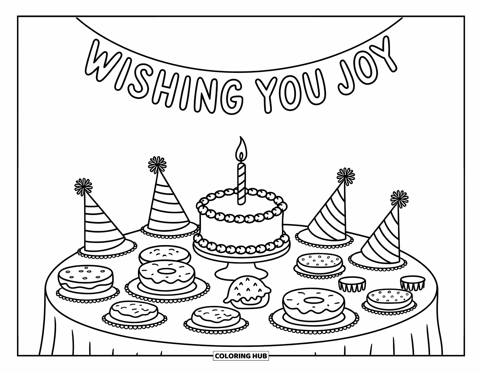 Happy Birthday Card Coloring Page for Adults: Round table of treats with a "Wishing You Joy" party banner