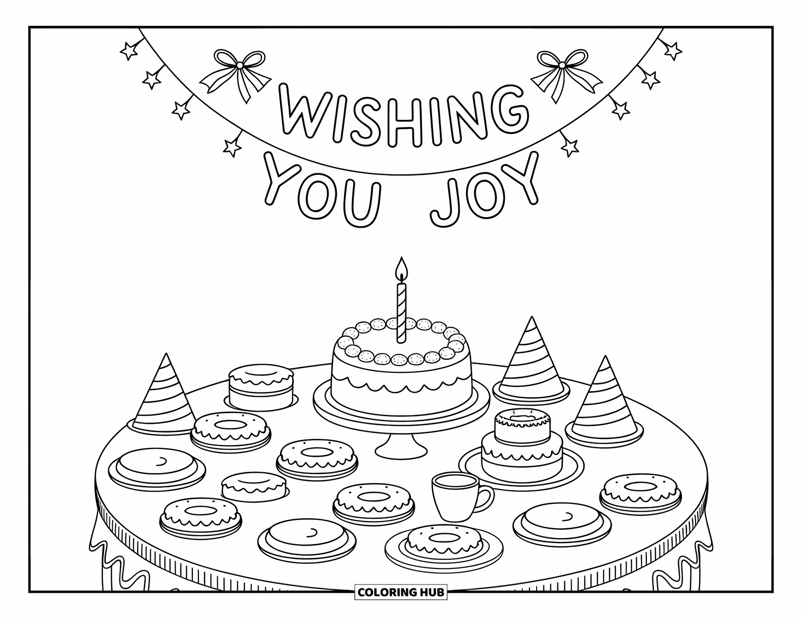 Happy Birthday Card Coloring Page for Adults: Table filled with mini desserts under a "Wishing You Joy" banner