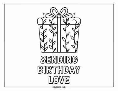 Fargeleggingsark med gratulasjonskort for voksne: Rankeinpakket gave med frasen "Sending birthday love"