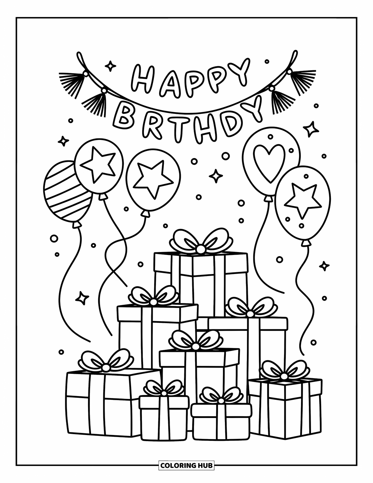 Happy Birthday Card Coloring Page for Adults: Wrapped gift stack with balloons and a "Happy Birthday" sign