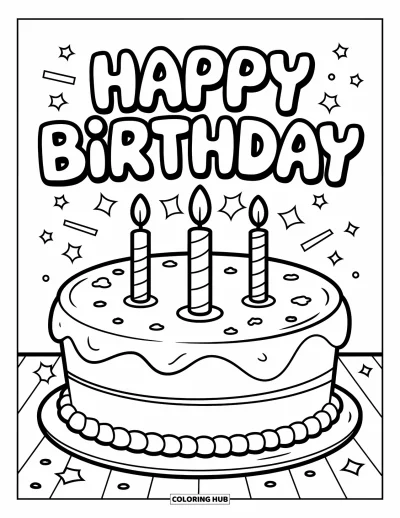 Fargeleggingsark med gratulasjonskort for barn: Stor kake med lys og boblende "Happy birthday"