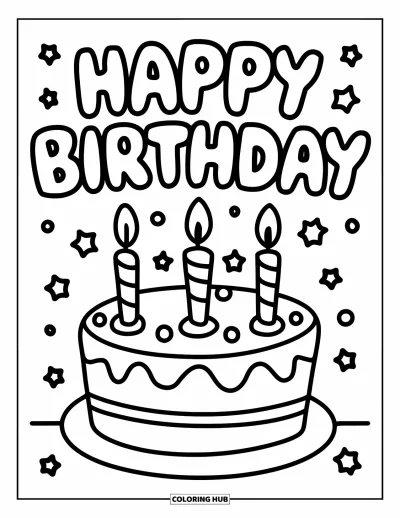 Fargeleggingsark med gratulasjonskort for barn: Bursdagskake med "Happy birthday" i bobler over