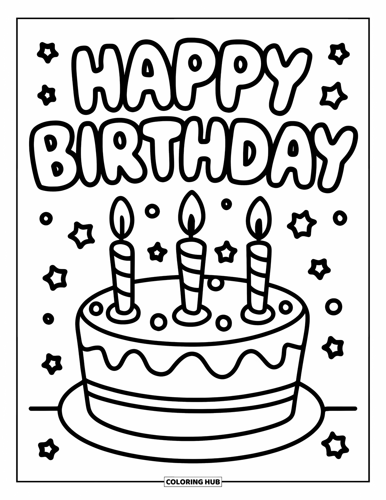 Happy Birthday Card Coloring Page for Kids: Birthday cake with bubble "Happy birthday" above