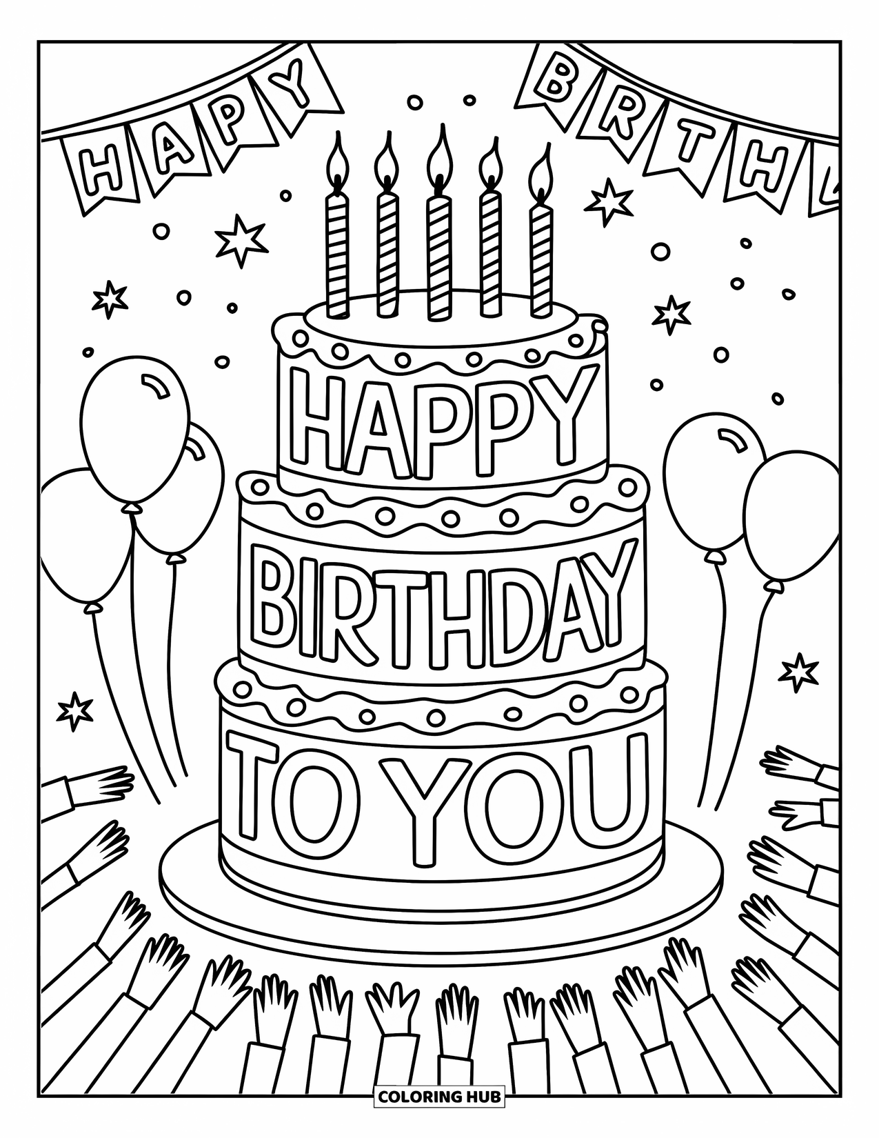 Happy Birthday Card Coloring Page for Kids: Birthday cake with candles, banner, and cheerful crowd