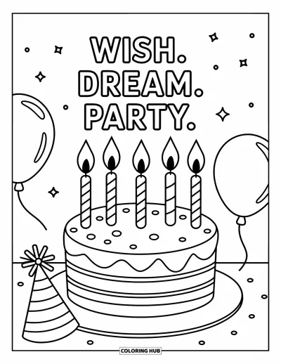 Fargeleggingsark med gratulasjonskort for barn: Kake med ballonger, lue og "Wish. dream. party."