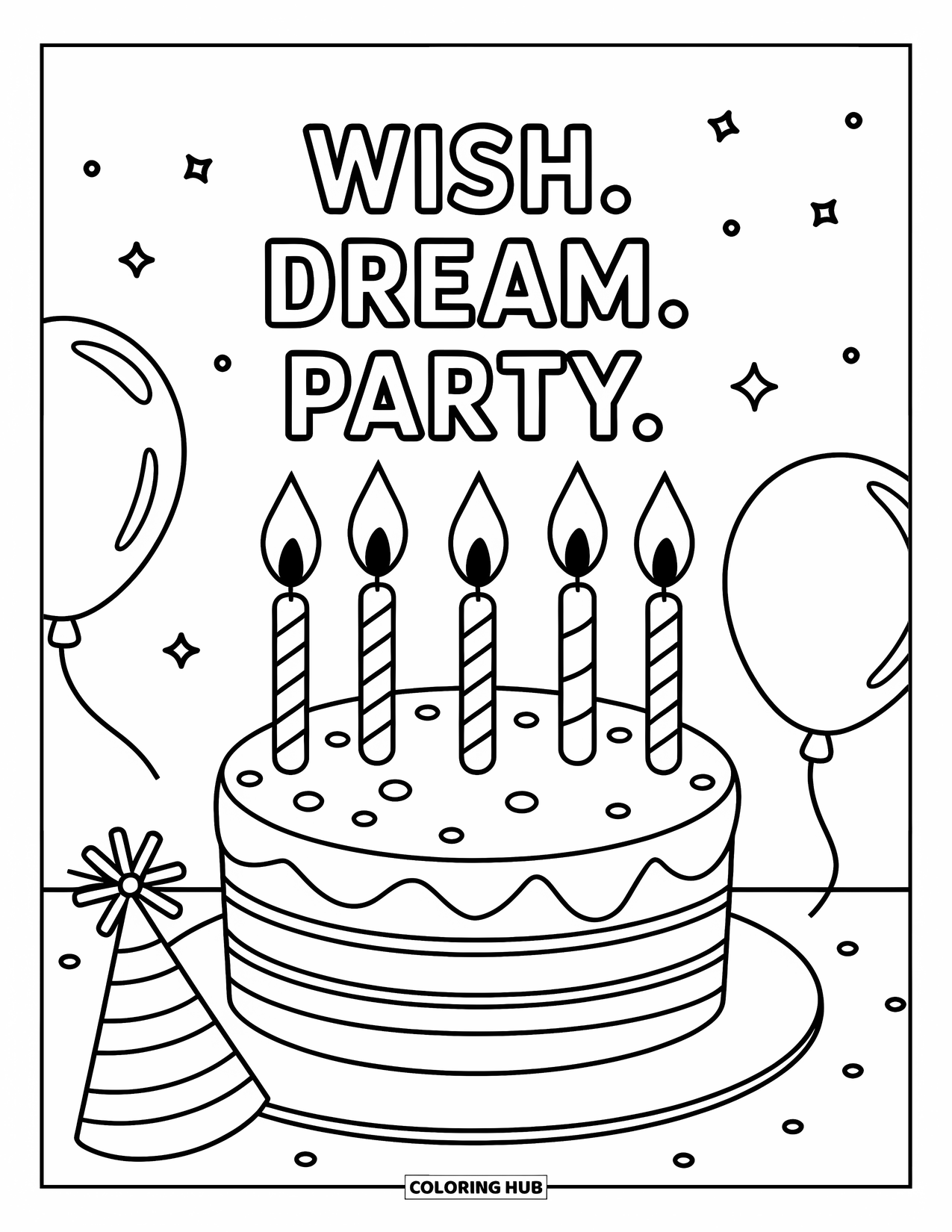 Happy Birthday Card Coloring Page for Kids: Cake with balloons, hat, and "Wish. dream. party." phrase