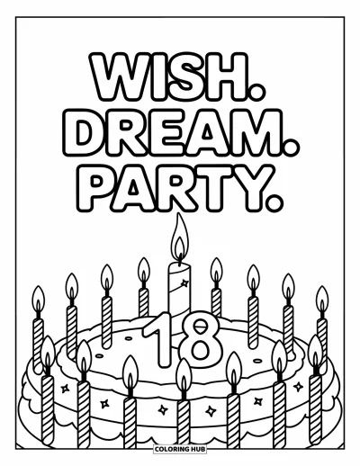 Fargeleggingsark med gratulasjonskort for barn: Kake med lys og "Wish. dream. party." over