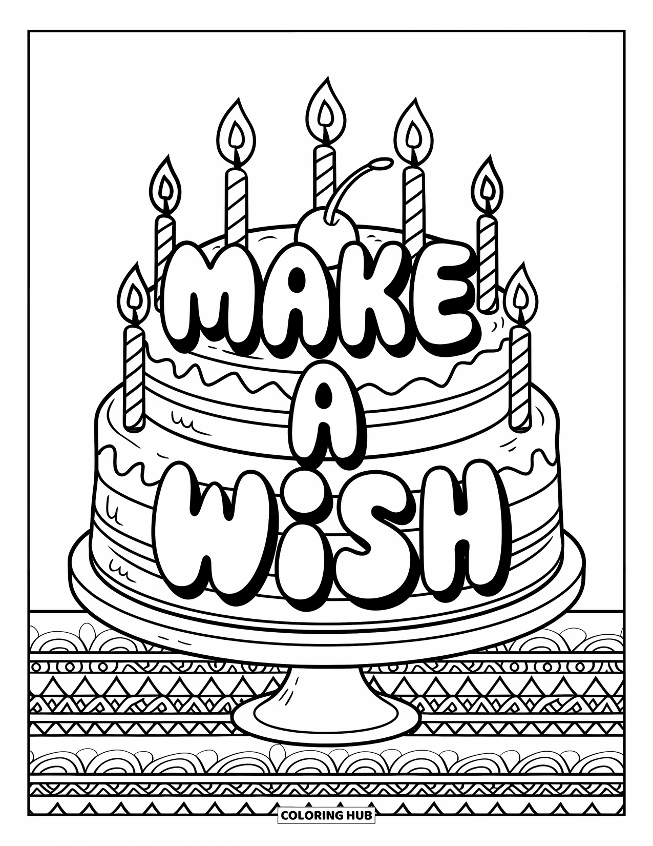 Happy Birthday Card Coloring Page for Kids: Cake with cherry, candles, and "Make a wish" phrase