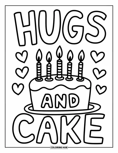 Fargeleggingsark med gratulasjonskort for barn: Kake med hjerter og teksten "Hugs and cake"