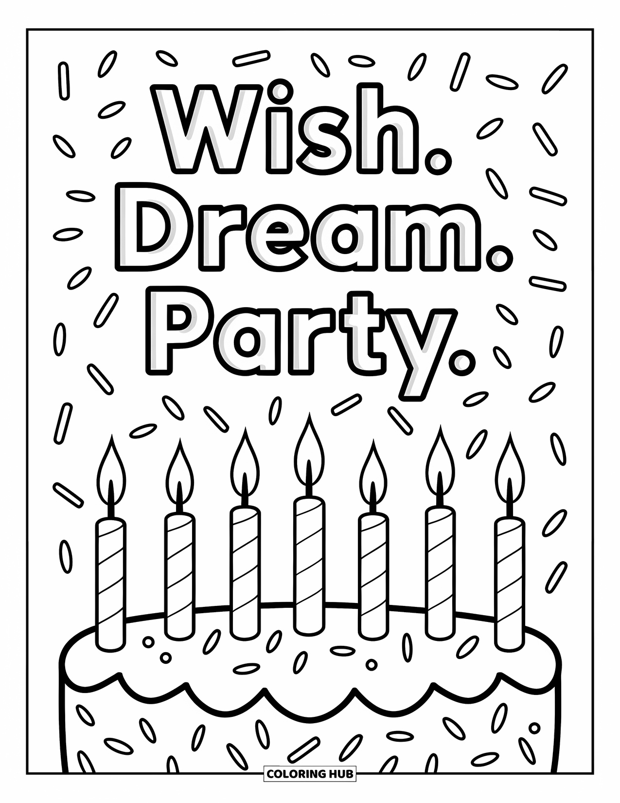Happy Birthday Card Coloring Page for Kids: Cake with tall candles and "Wish. dream. party." text