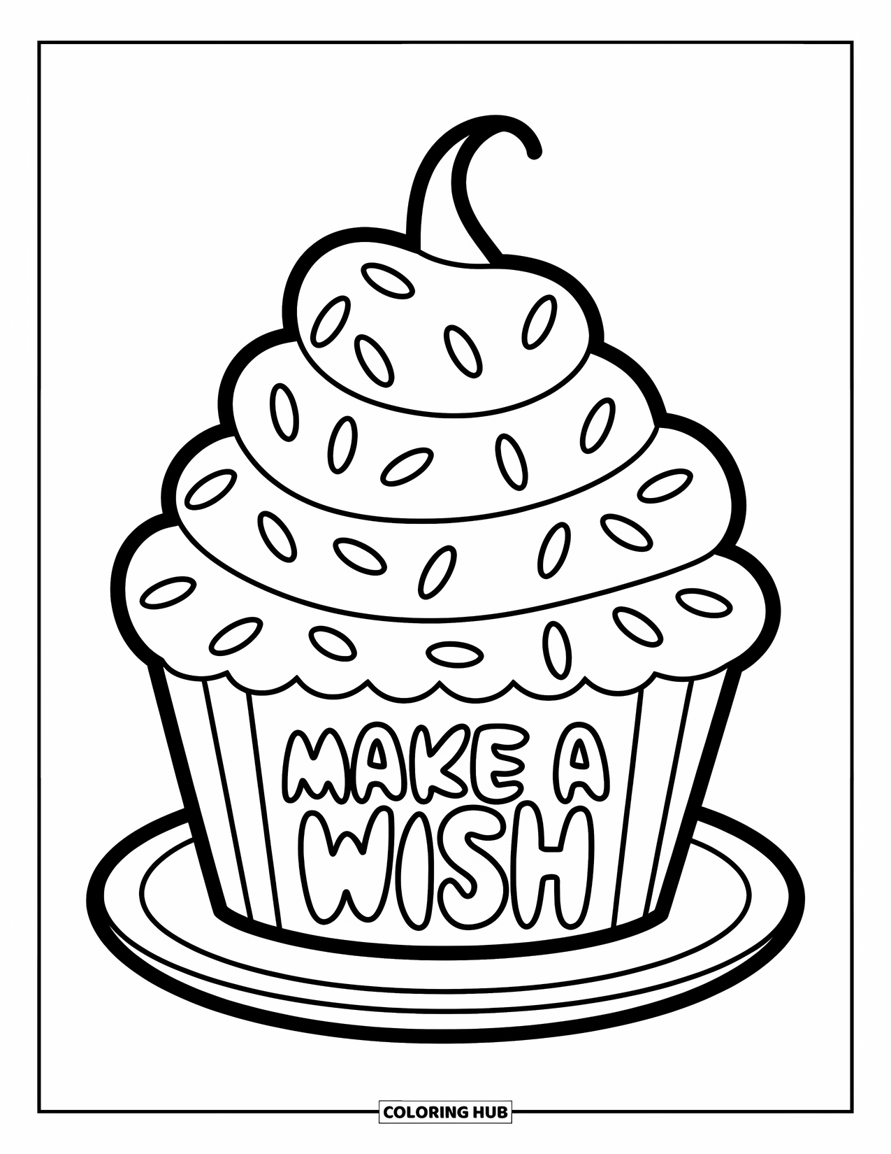 Happy Birthday Card Coloring Page for Kids: Cupcake on plate with sprinkles and birthday message