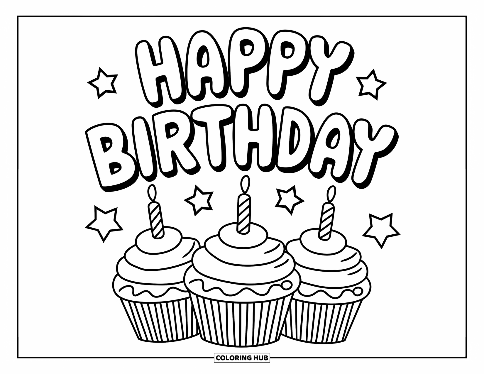 Happy Birthday Card Coloring Page for Kids: Cupcake trio surrounded by stars and birthday text
