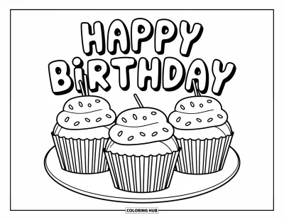Fargeleggingsark med gratulasjonskort for barn: Tre cupcakes med "Happy Birthday" i buede bokstaver