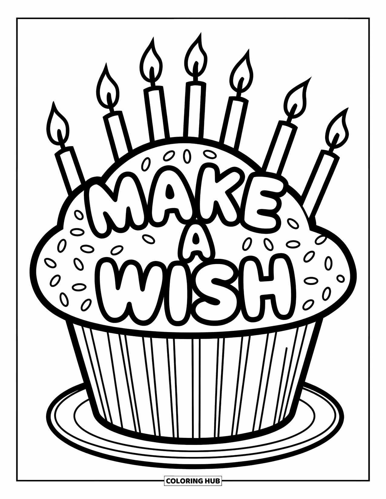 Happy Birthday Card Coloring Page for Kids: Cupcake with candles and "Make a wish" phrase