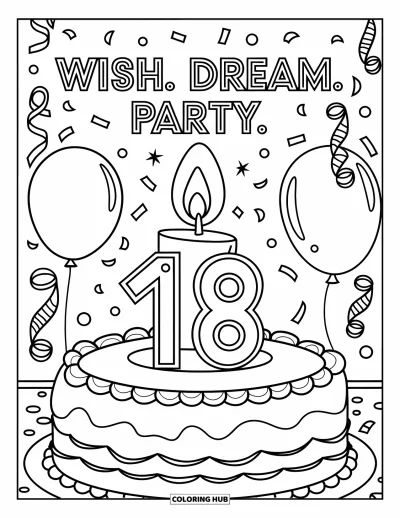 Fargeleggingsark med gratulasjonskort for barn: Pyntet kake med lys og "Wish. dream. party." over