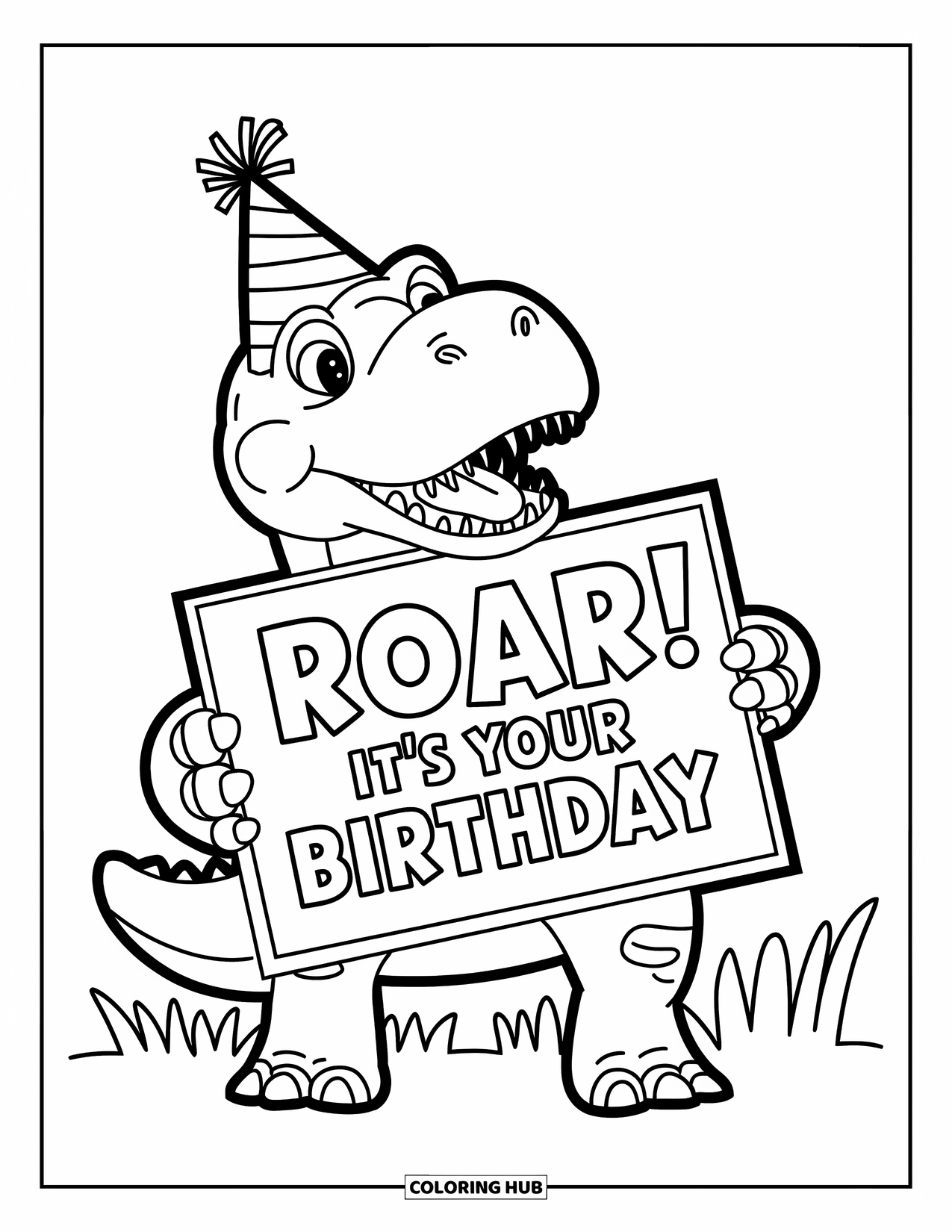 Happy Birthday Card Coloring Page for Kids: Dinosaur with birthday card on grassy background