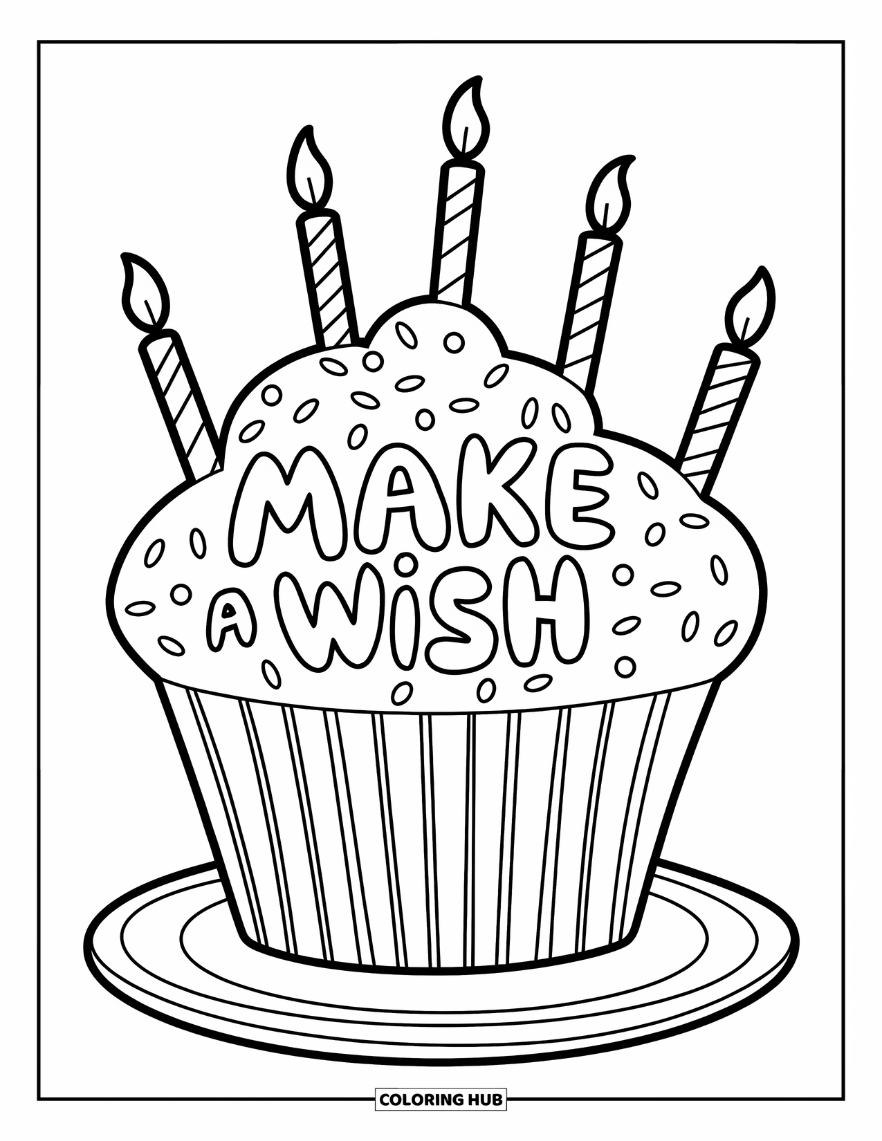 Happy Birthday Card Coloring Page for Kids: Giant cupcake with candles and "Make a wish" text