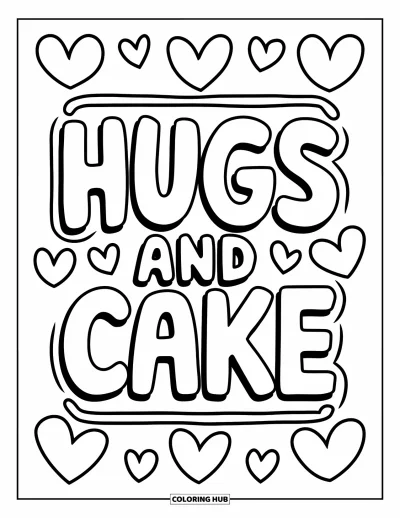 Fargeleggingsark med gratulasjonskort for barn: Bursdagskort med "Hearts and cake" og lekfull skrift