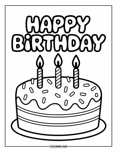 Fargeleggingsark med gratulasjonskort for barn: Stor kake med strøssel og "Happy birthday"-tekst
