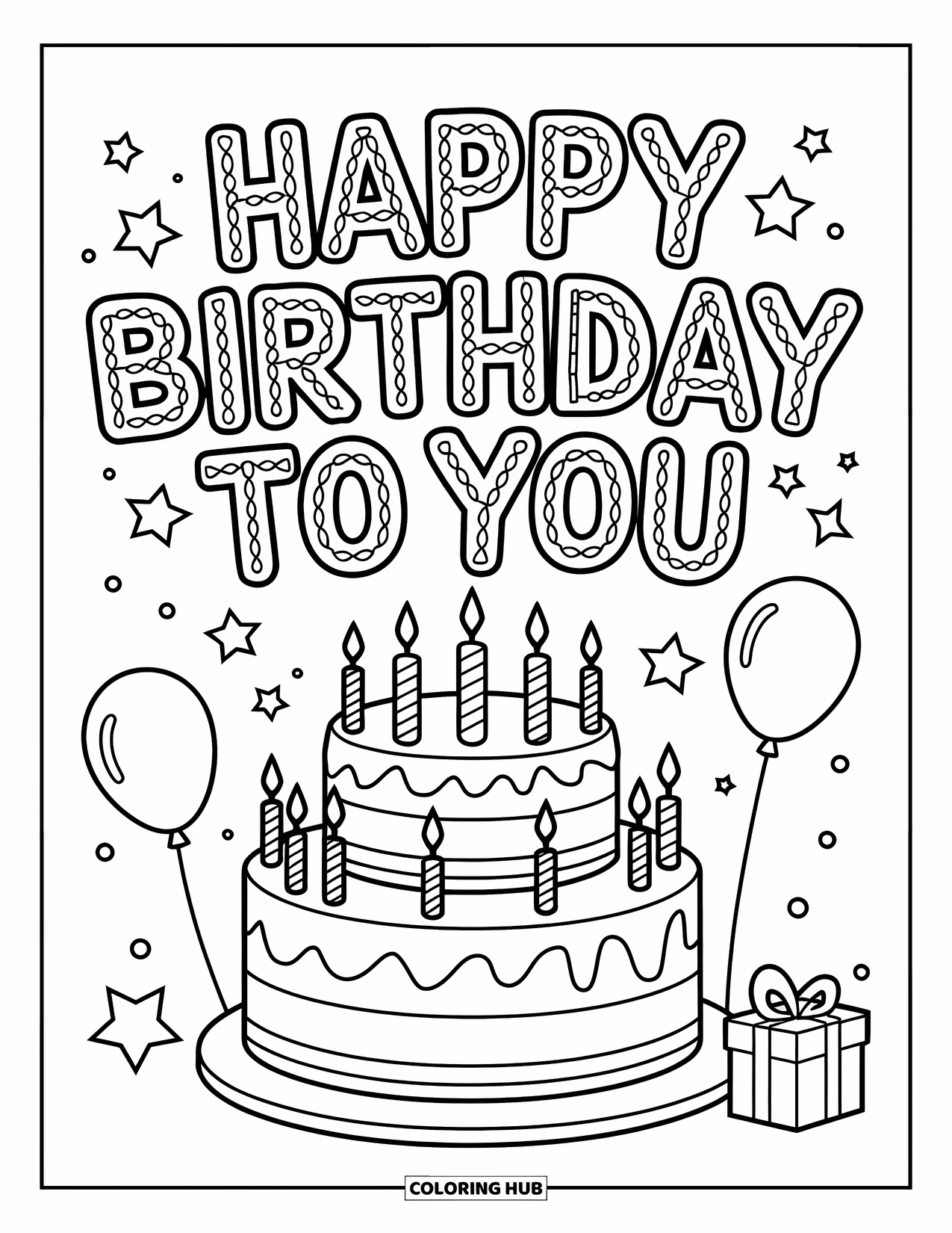 Happy Birthday Card Coloring Page for Kids: Layered cake with balloons, gift, and birthday text