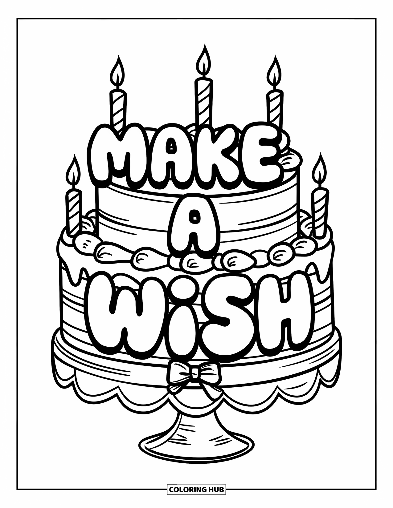 Happy Birthday Card Coloring Page for Kids: Layered cake with bow stand and "Make a wish" text
