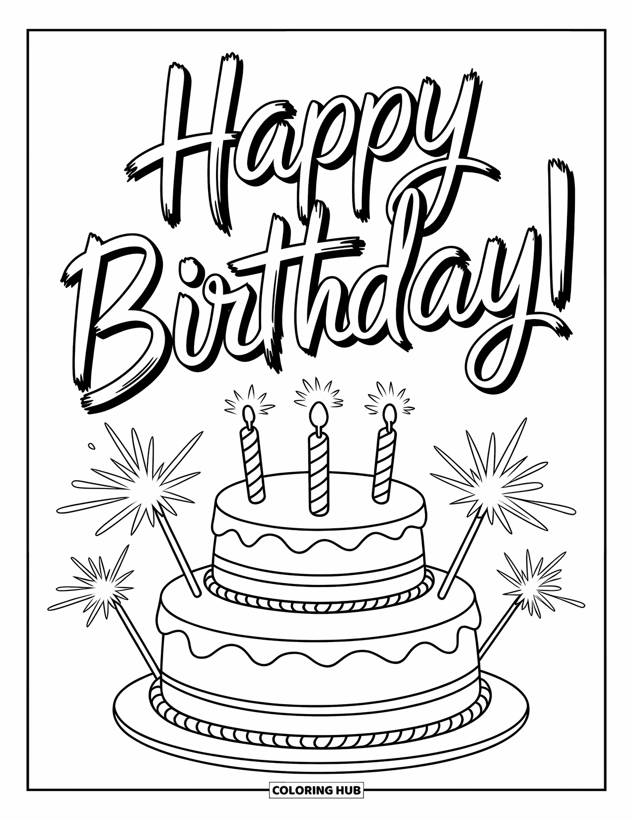 Happy Birthday Card Coloring Page for Kids: Layered cake with candles, sparklers, and birthday message