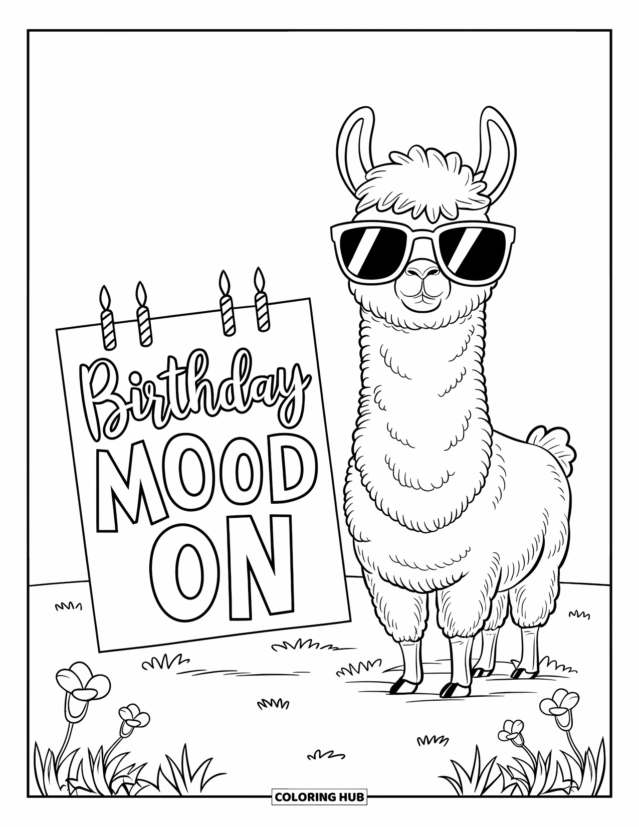 Happy Birthday Card Coloring Page for Kids: Llama in field with flowers and birthday mood card
