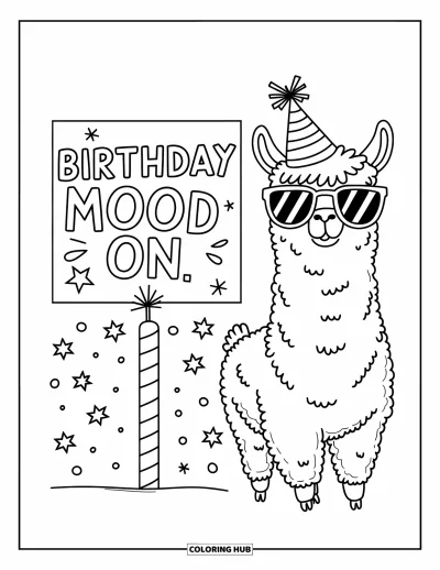 Fargeleggingsark med gratulasjonskort for barn: Lama med festlue og meldingen "Birthday mood on"
