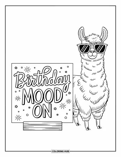 Fargeleggingsark med gratulasjonskort for barn: Lama med kort på stativ med "Birthday mood on"