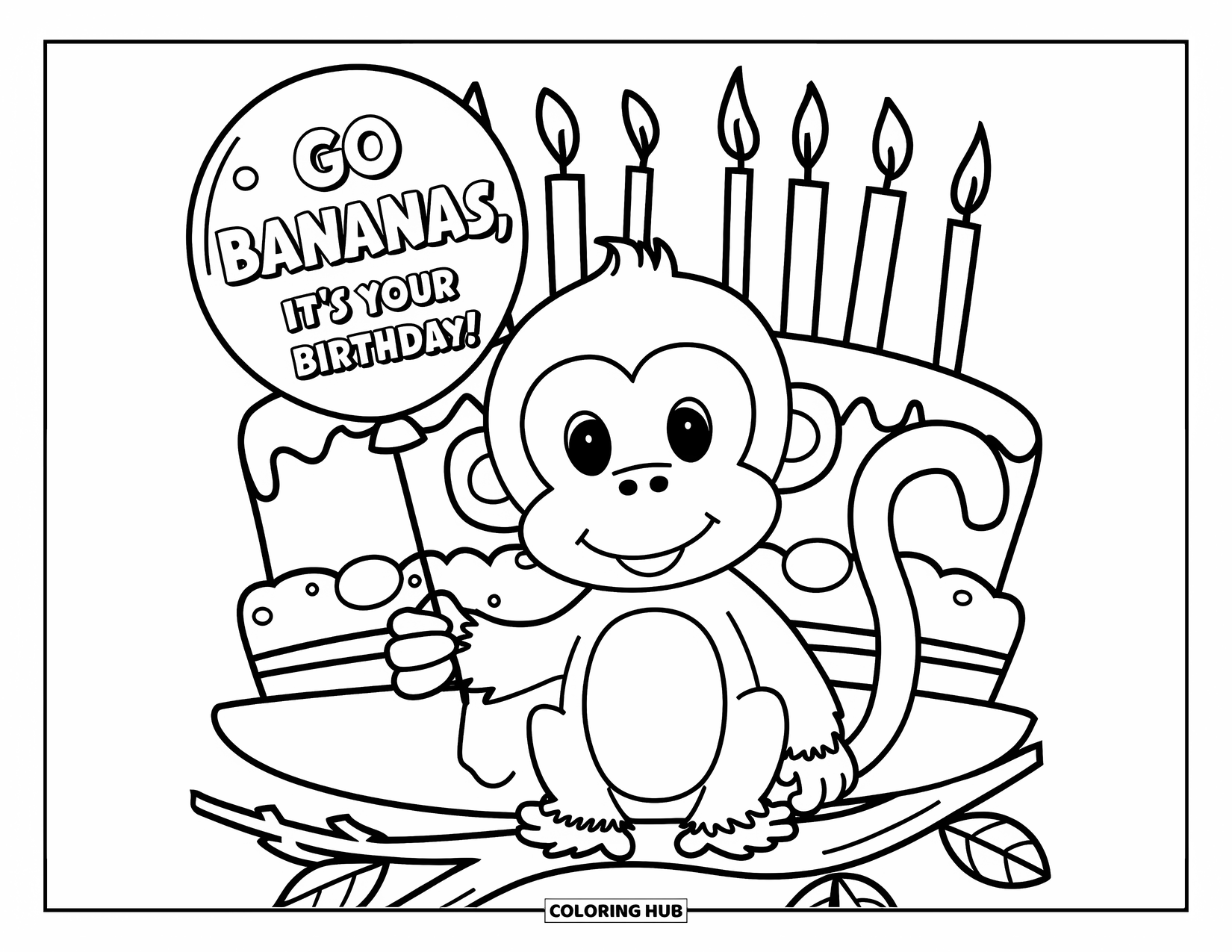 Happy Birthday Card Coloring Page for Kids: Monkey, balloon, and cake with birthday phrase above