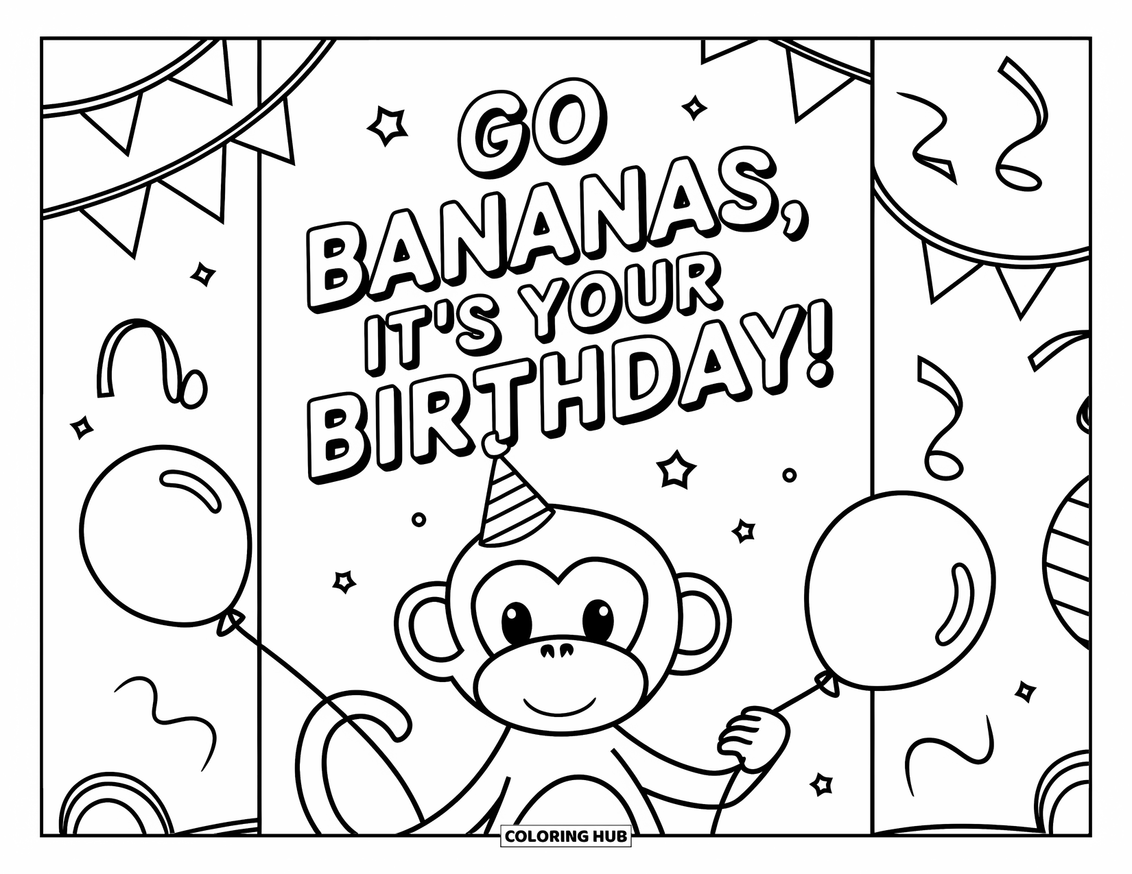 Happy Birthday Card Coloring Page for Kids: Monkey in party hat with birthday balloon and text