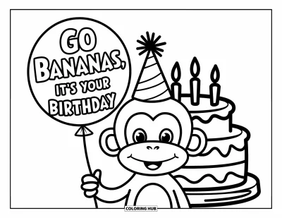 Fargeleggingsark med gratulasjonskort for barn: Ape med ballong og "Go bananas, it's your birthday"