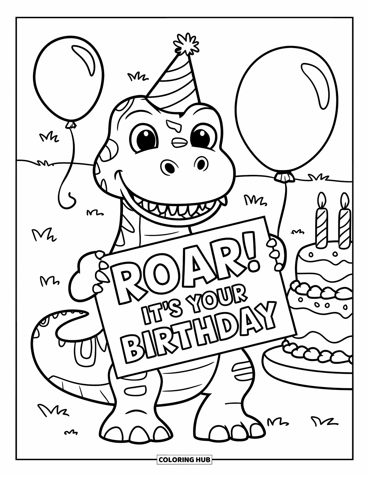 Happy Birthday Card Coloring Page for Kids: Party dinosaur with cake, balloons, and birthday message