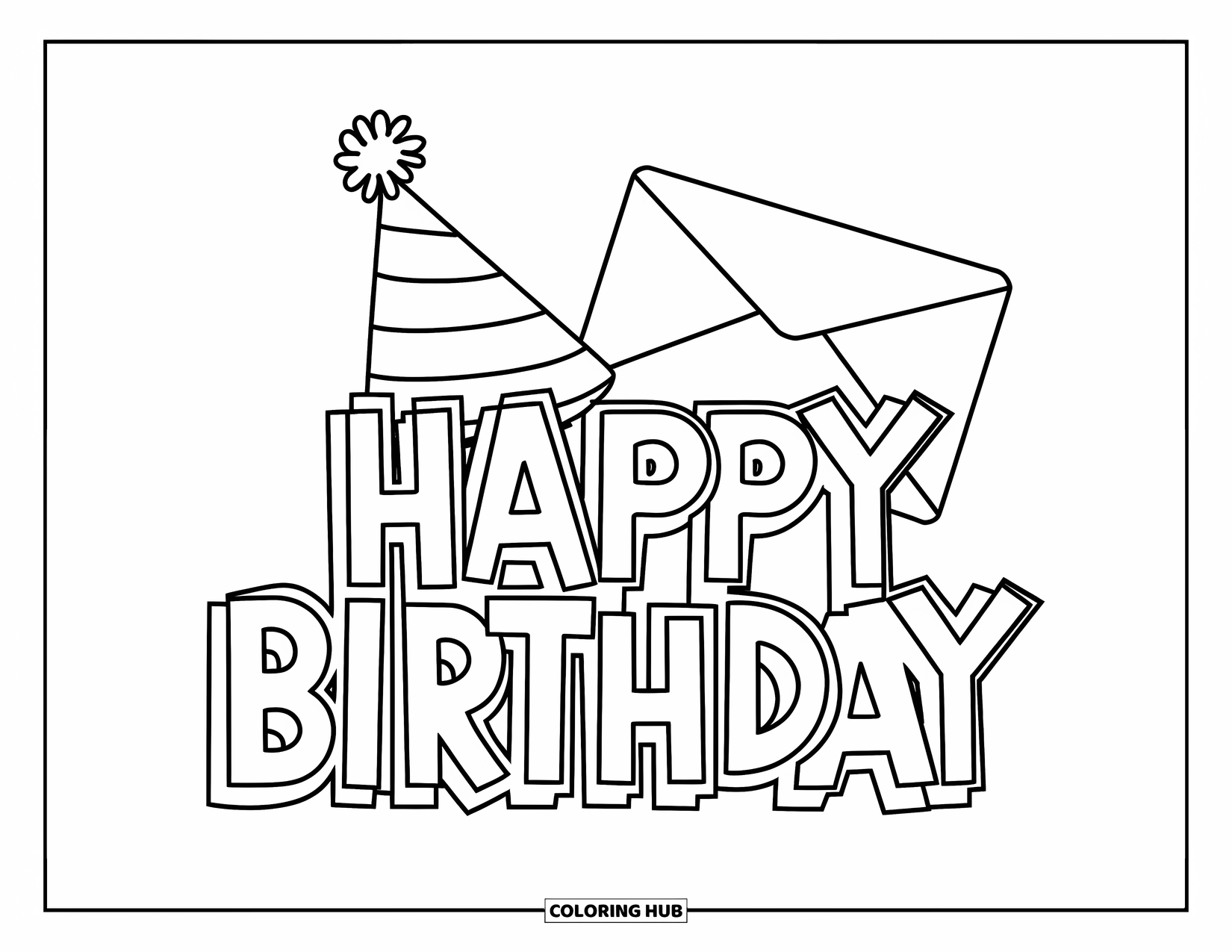 Happy Birthday Card Coloring Page for Kids: Party hat and birthday envelope with bold lettering